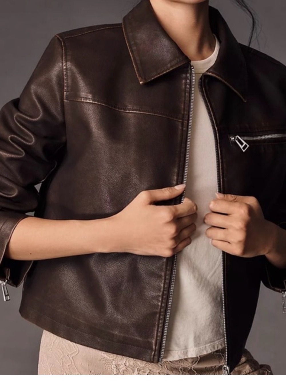 Pilcro Cropped Leather Jacket in Deep Brown with Red Lining